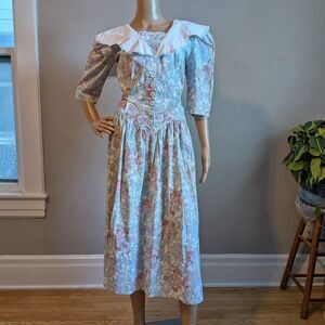 Vintage 80s Brittany Nicole Floral Midi Dress Oversized Collar Lace Cottage 11